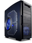Computer case with a fan on the side and blue lights